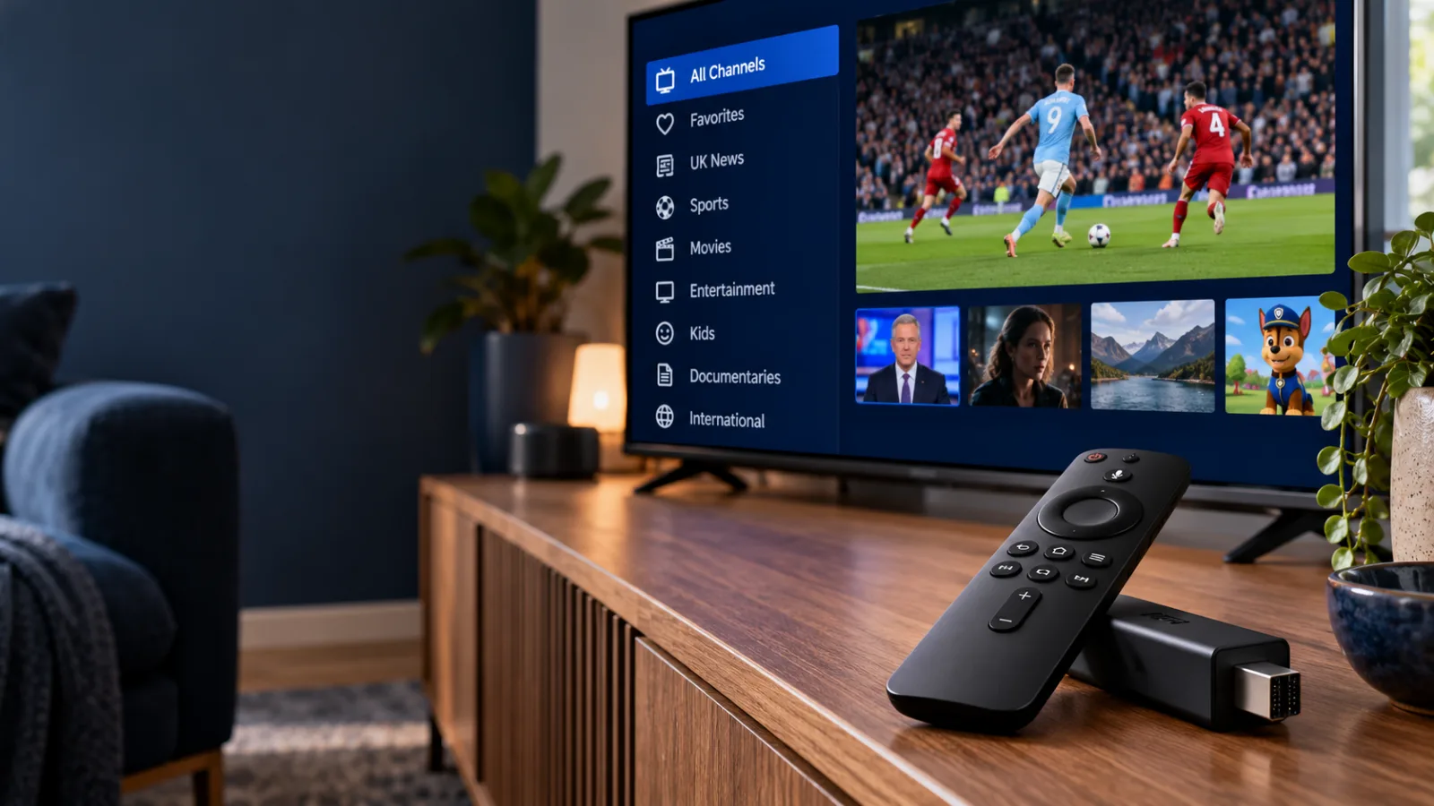 Streaming remote beside a television showing an illustrative IPTV player